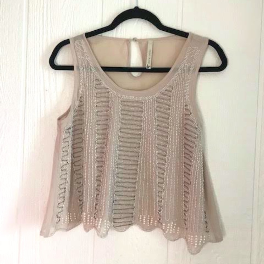 PAPER CRANE CREAMY BEIGE BEADED SHEER TOP SZ. S